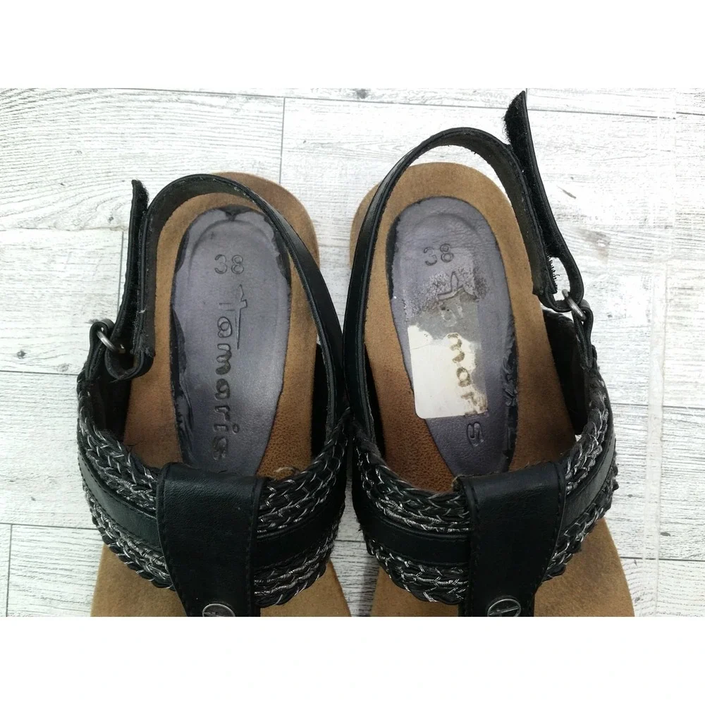 Women's Tamaris Thong‎ Sandals Black Straps Flats Size EU 38 US 7.5/8 Shoes